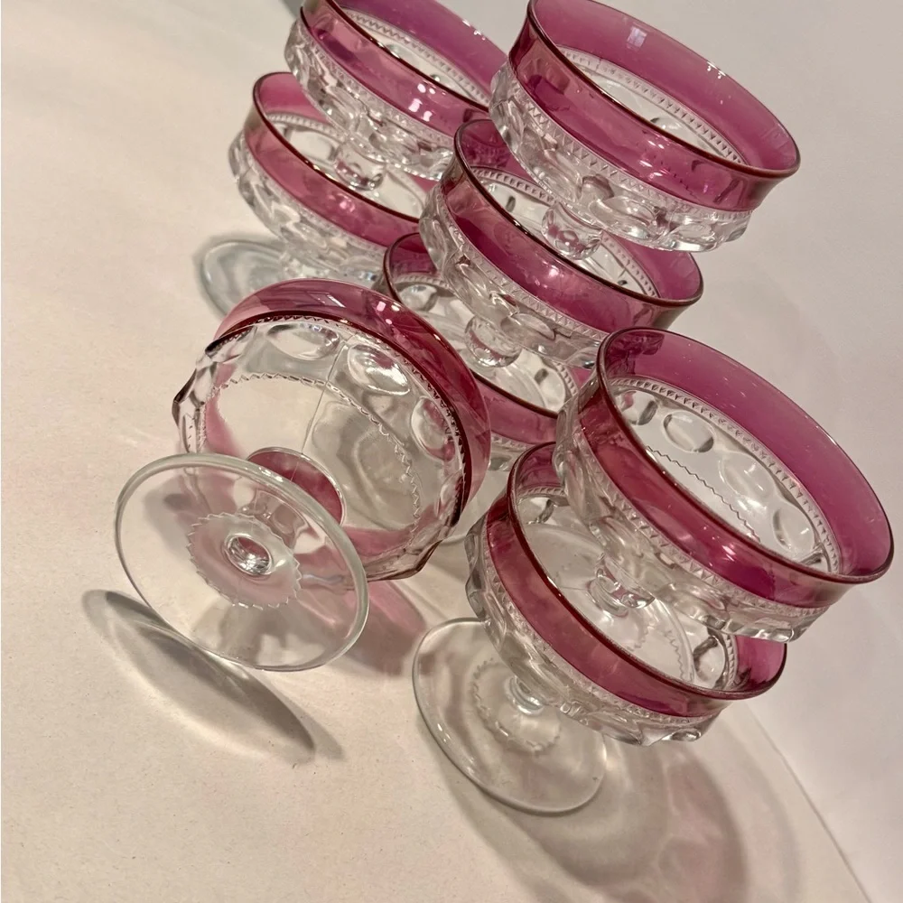Set Of 8 Tiffin Kings Crown Thumbprint Cranberry Flash Sherbet Dessert Glass